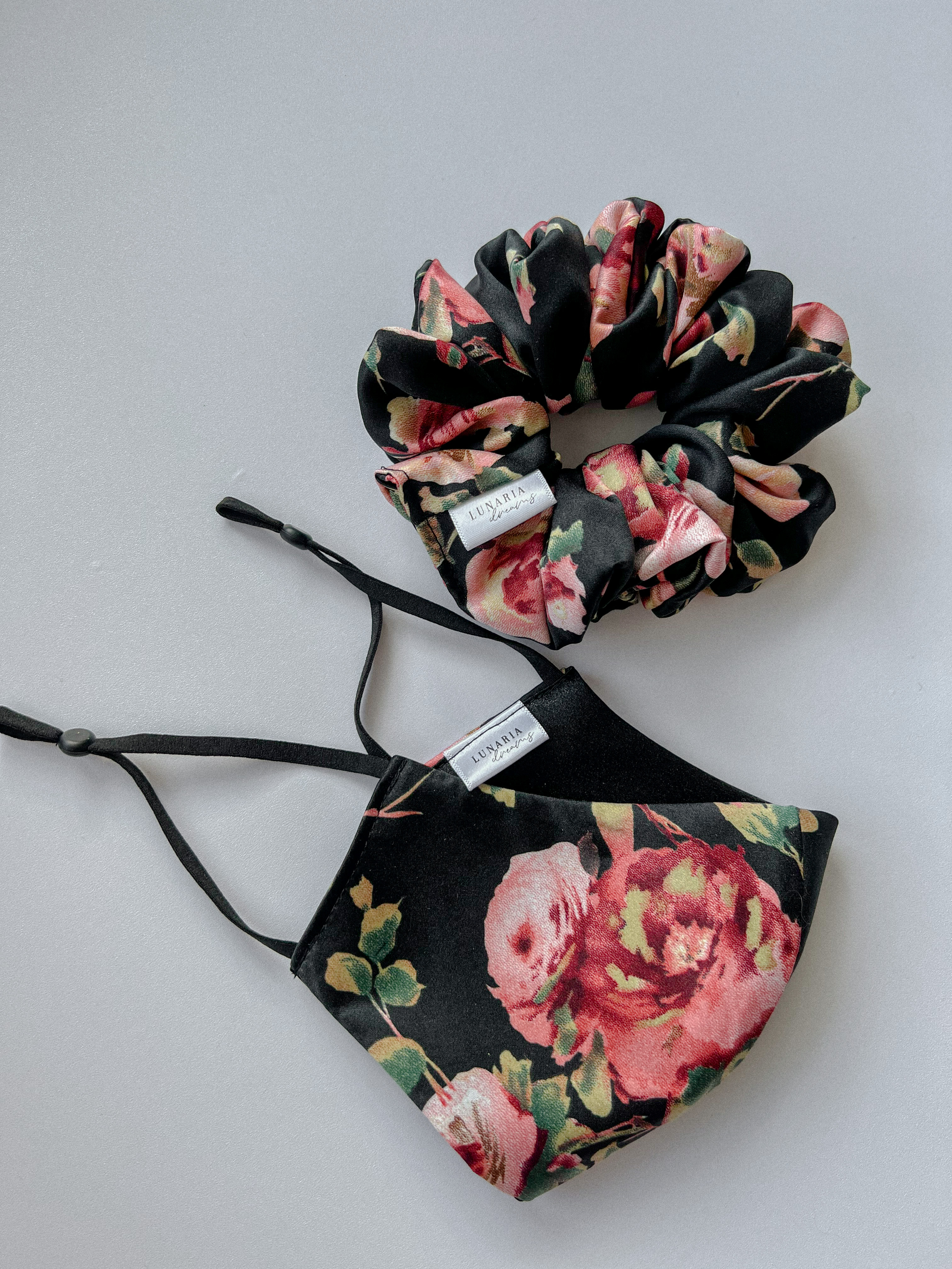 Alyssa floral matching satin face mask and scrunchie set LUNARIA DREAMS