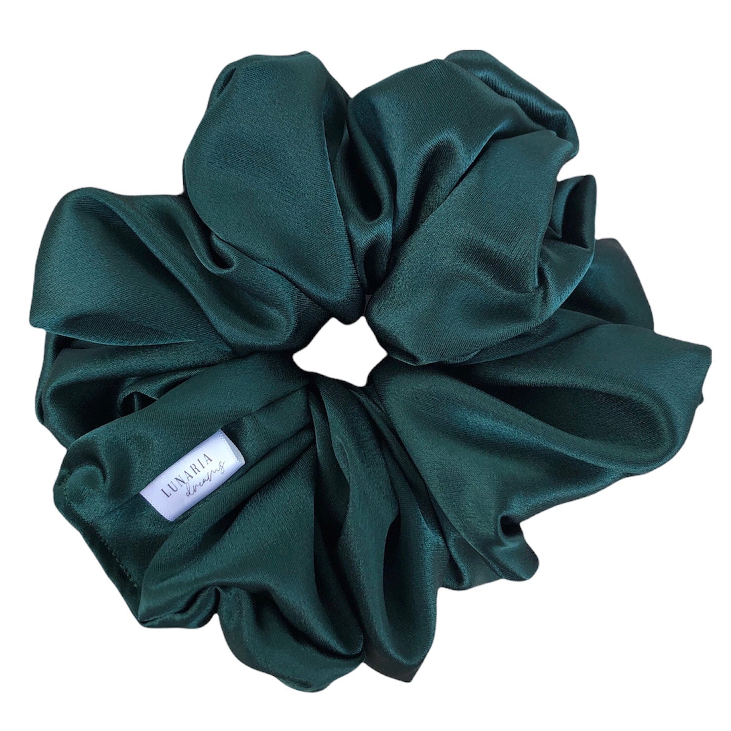 Oversized Aspen Scrunchie. An XL, extra luxe dark forest green satin scrunchie.
