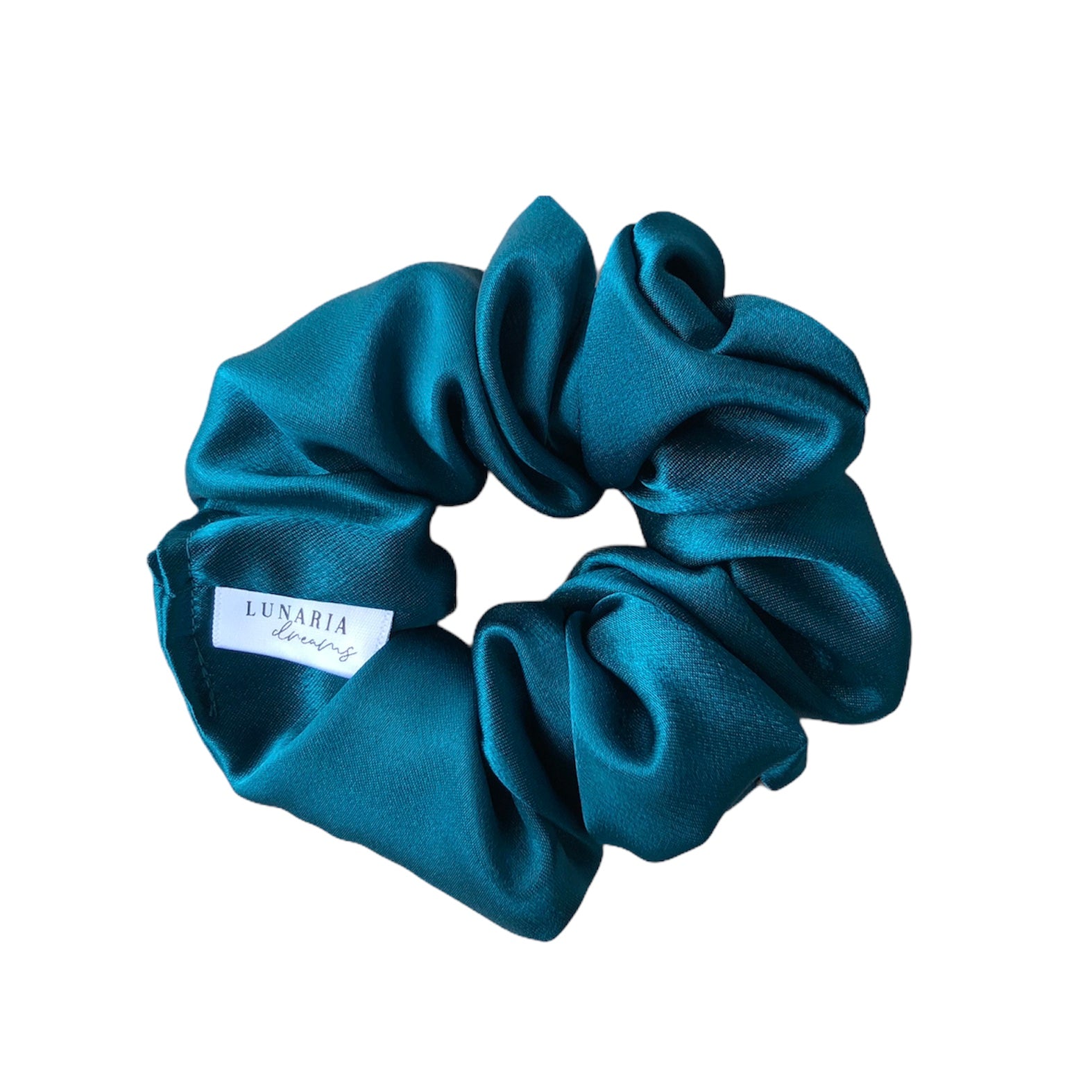 Regular Rika Scrunchie. An average sized teal green blue satin scrunchie. 