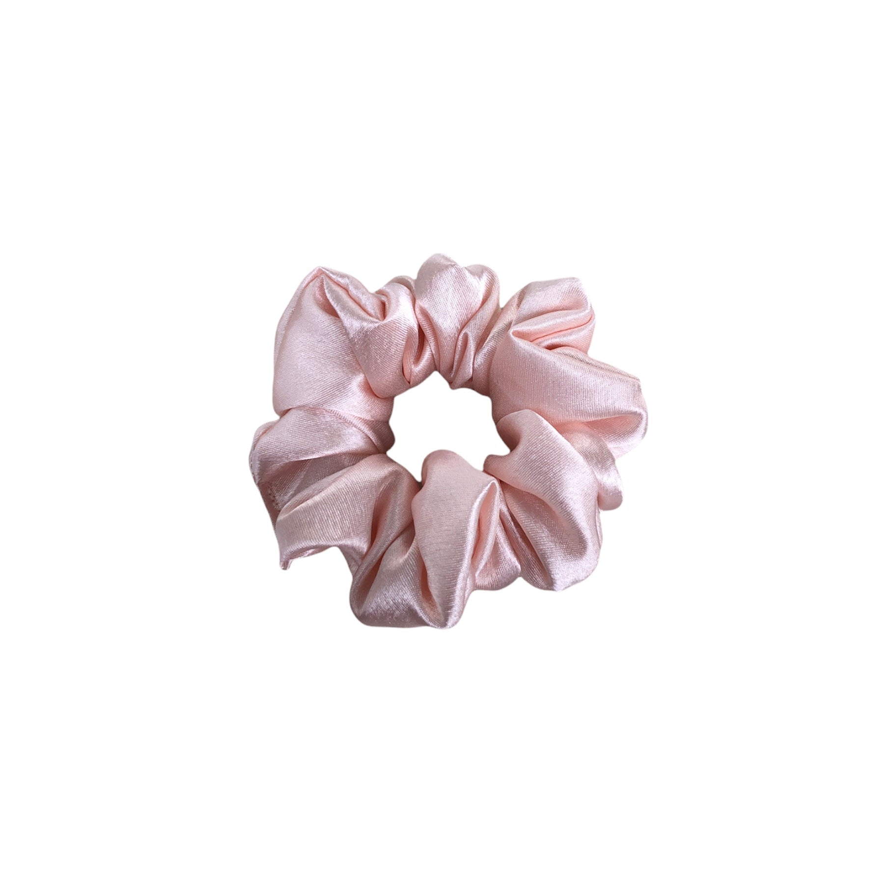 Petite Rosalia Scrunchie. A small and mini pastel peach blush pink satin scrunchie.