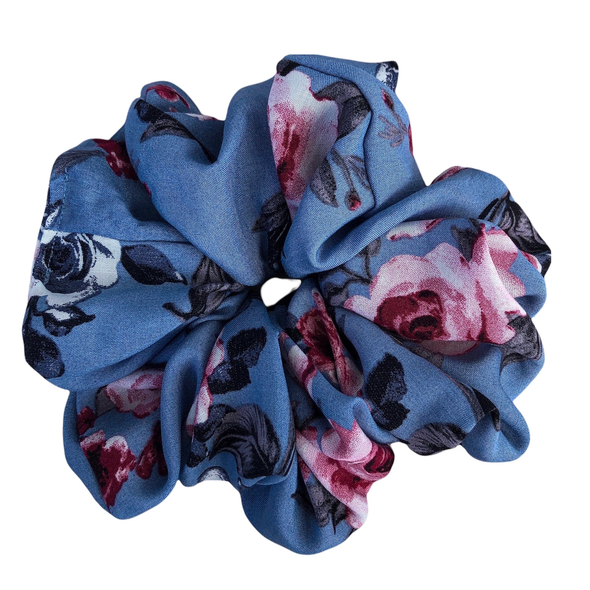 Oversized Florence Scrunchie. An XL, extra periwinkle blue rayon scrunchie with floral accents 