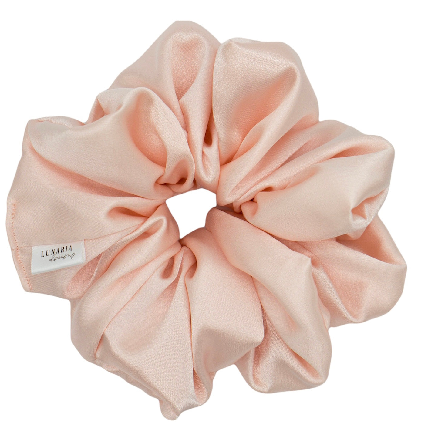 Oversized Rosalia Scrunchie. An XL, extra luxe pastel peach blush pink satin scrunchie.