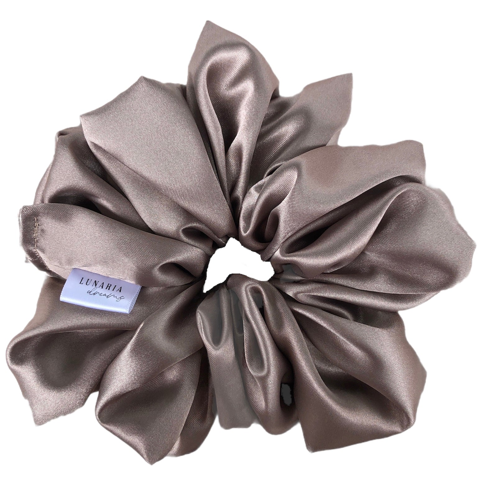 Oversized Mocha Scrunchie. An XL, extra luxe brown toned taupe satin scrunchie.