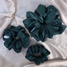 Petite, Regular, and Oversized Aspen dark forest green satin scrunchies by LUNARIA DREAMS